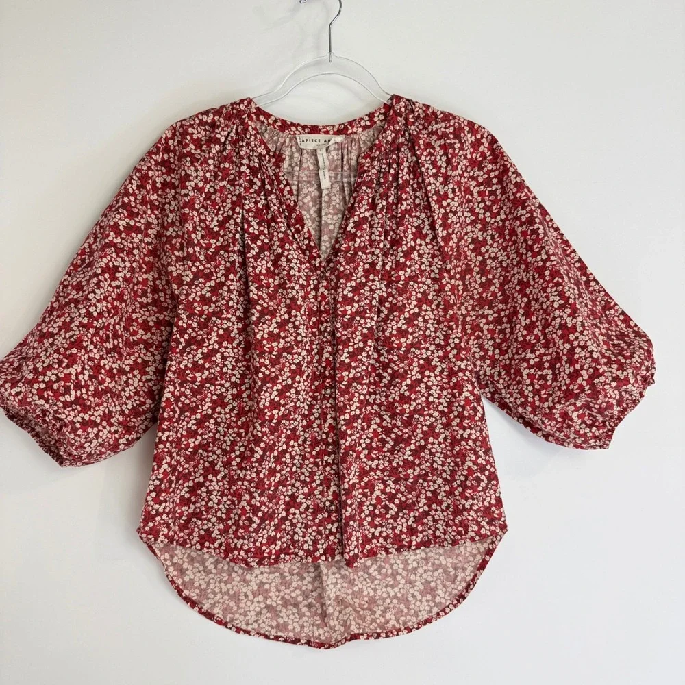 Apiece Apart Mitte Blouse Women S Red Floral Organic Cotton Puff Sleeve Top - Picture 2 of 11